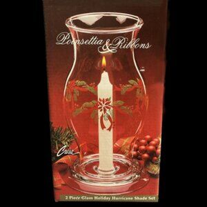 VINTAGE POINSETTIA & RIBBIONS 2 PC GLASS HURRICANE SHADE & PLATE NWT